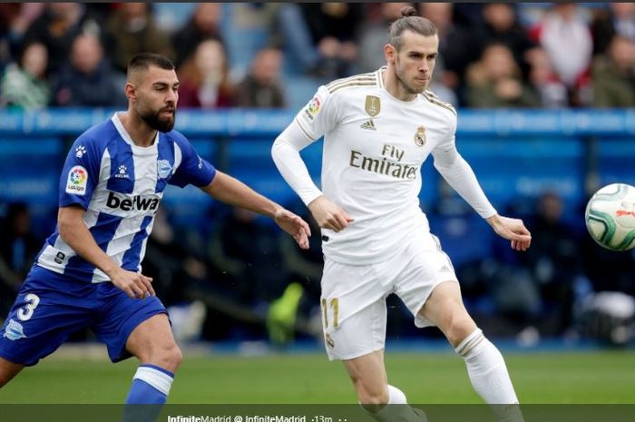 Pemain sayap Real Madrid, Gareth Bale, pada laga melawan Alaves di Liga Spanyol.
