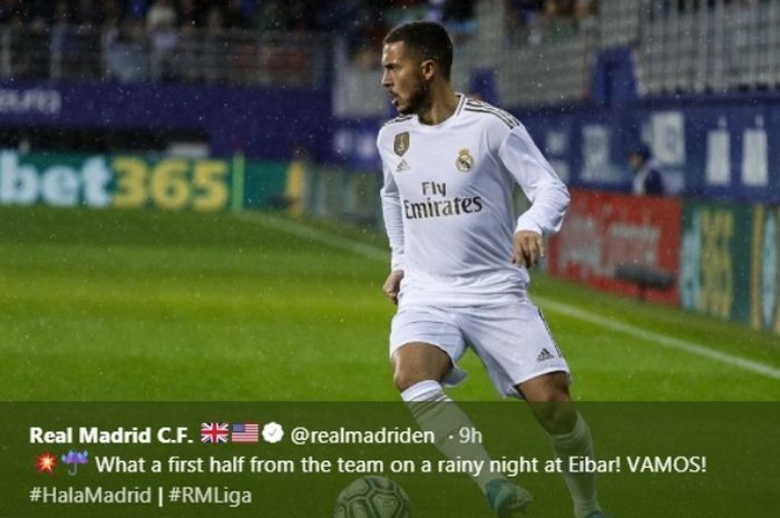 Aksi bintang Real Madrid, Eden Hazard, dalam laga kontra Eibar di Ipurua pada Sabtu (9/11/2019).