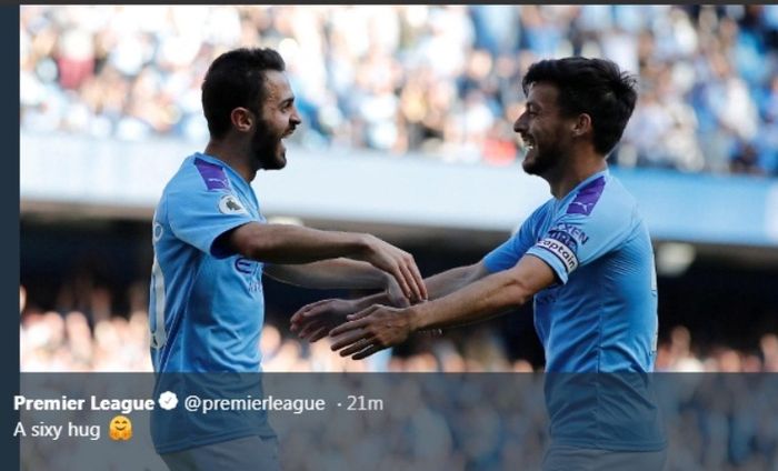 Pemain Manchester City, Bernardo Silva, merayakan golnya ke gawang Watford pada laga Liga Inggris di Etihad Stadium, Sabtu (21/9/2019).