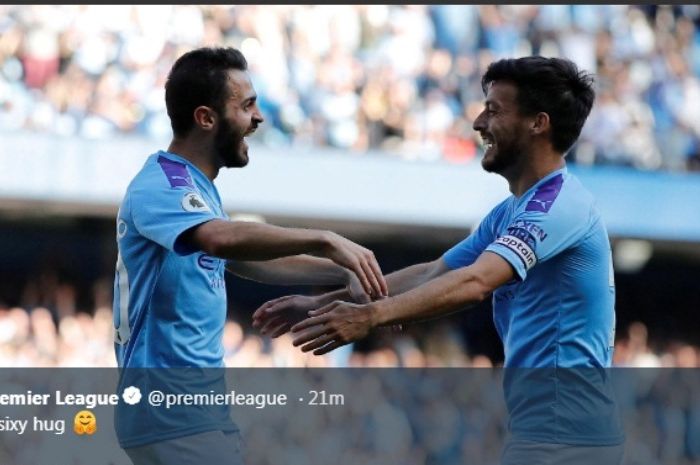 Pemain Manchester City, Bernardo Silva, merayakan golnya ke gawang Watford pada laga Liga Inggris di Etihad Stadium, Sabtu (21/9/2019).