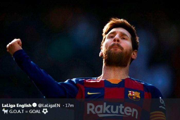Megabintang Barcelona, Lionel Messi, berselebrasi seusai menjebol gawang Eibar dalam laga di Camp Nou, Sabtu (22/2/2020).