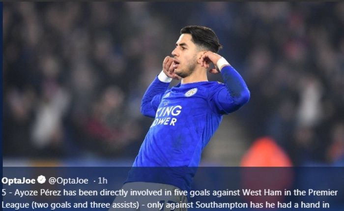 Pemain Leicester City, Ayoze Perez, melakukan selebrasi seusai mencetak gol ke gawang West Ham United pada Rabu (22/1/2020).