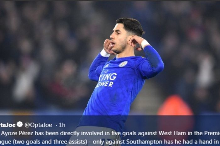 Pemain Leicester City, Ayoze Perez, melakukan selebrasi seusai mencetak gol ke gawang West Ham United pada Rabu (22/1/2020).