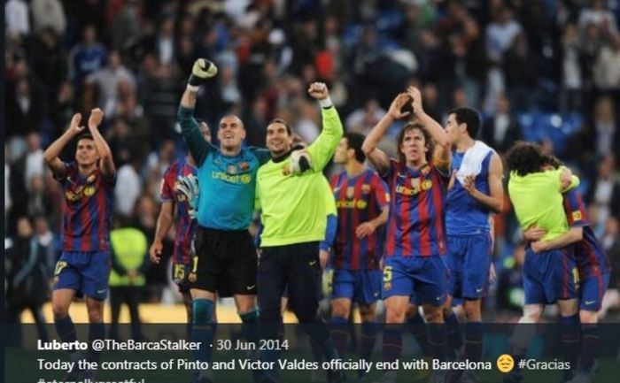 Jose Manuel Pinto(baju kuning) saat berseragam Barcelona.