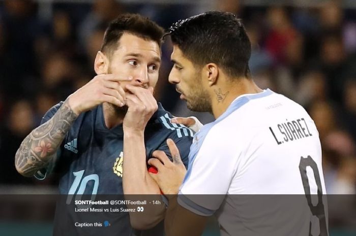 Momen perbincangan antara Lionel Messi dan Luis Suarez dalam laga timnas Argentina versus Uruguay, Senin (18/11/2019).