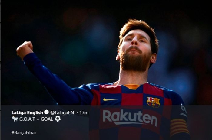 Megabintang Barcelona, Lionel Messi, berselebrasi seusai menjebol gawang Eibar dalam laga di Camp Nou, Sabtu (22/2/2020).