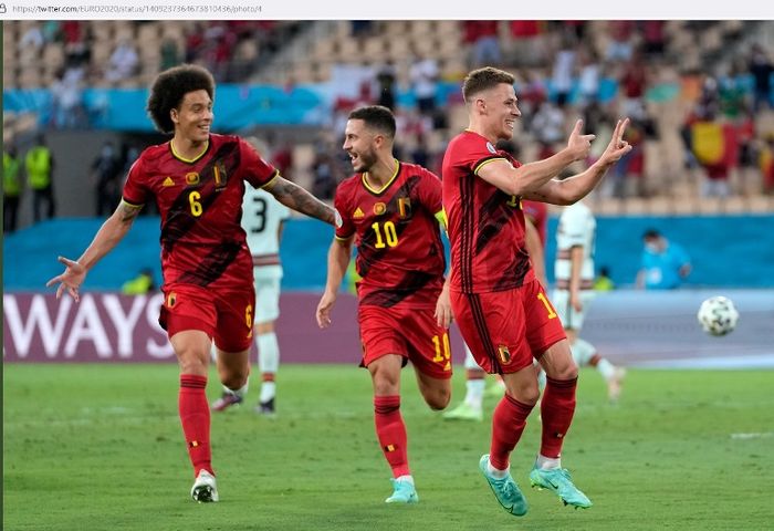 Selebrasi pemain Belgia, Thorgan Hazard, saat menjebol gawang Portugal pada babak 16 besar EURO 2020.