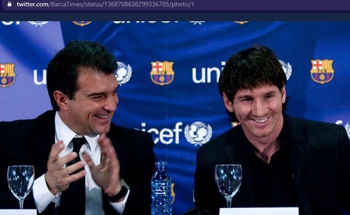 Presiden terpilih Barcelona, Joan Laporta, dan megabintang klub, Lionel Messi. 