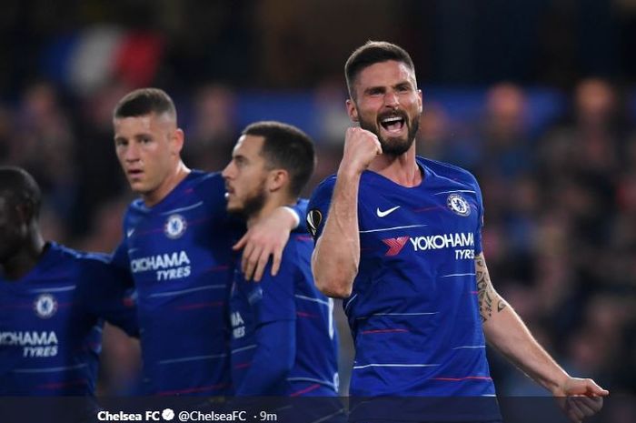 Bomber Chelsea, Olivier Giroud, mencetak gol ke gawang Slavia Prague dalam partai Liga Europa, 18 April 2019.