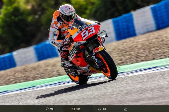 Pembalap Repsol Honda, Marc Marquez saat membalap di Sirkuit Jerez, Minggu (19/7/2020).