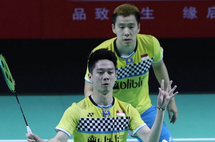 Marcus Gideon/Kevin Sanjaya saat tampil pada babak 16 besar Fuzhou China Openb 2019 yang digelar Kamis (7/11/2019)