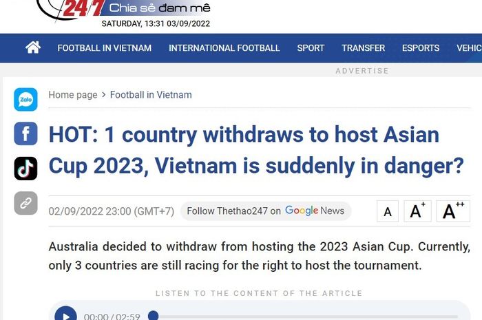 Laporan media Vietnam The Thao 247 terkait Indonesia yang berpeluang sebagai tuan rumah Piala Asia 2023.