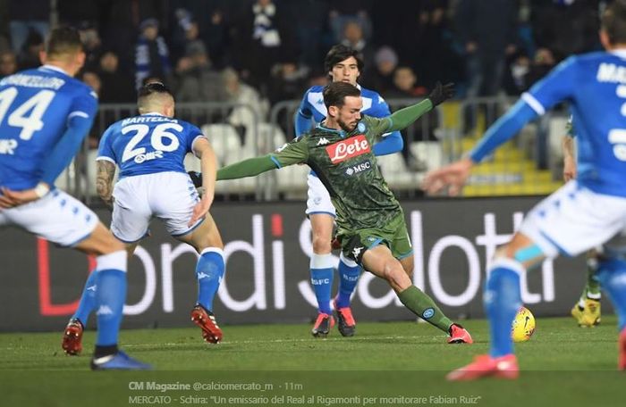 Fabian Ruiz saat mencetak gol ke gawang Brescia pada laga pekan ke-25 Liga Italia di Stadio Mario Rigamonti, Jumat (22/2/2020) atau Sabtu dini hari WIB.