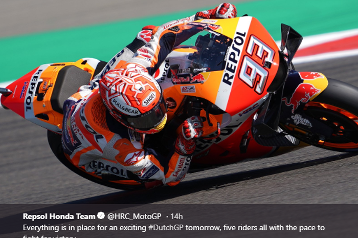 Pembalap Repsol Honda, Marc Marquez, saat melakoni sesi kualifikasi MotoGP Belanda 2019, di Sirkuit Assen, Sabtu (29/6/2019).