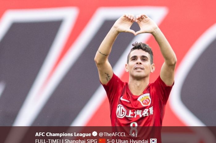 Selebrasi bintang Shanghai SIPG, Oscar seusai tiga kali membobol gawang Ulsan Hyundai pada laga pamungkas fase grup Liga Champions Asia 2019 di Shanghai Stadium, 21 Mei 2019.