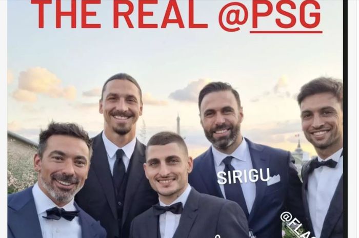 Reuni Marco Verratti dengan mantan rekan setimnya di PSG. dari kiri ke kanan: Ezequiel Lavezzi, Zlatan Ibrahimovic, Verratti, Salvatore Sirigu, Javier Pastore.