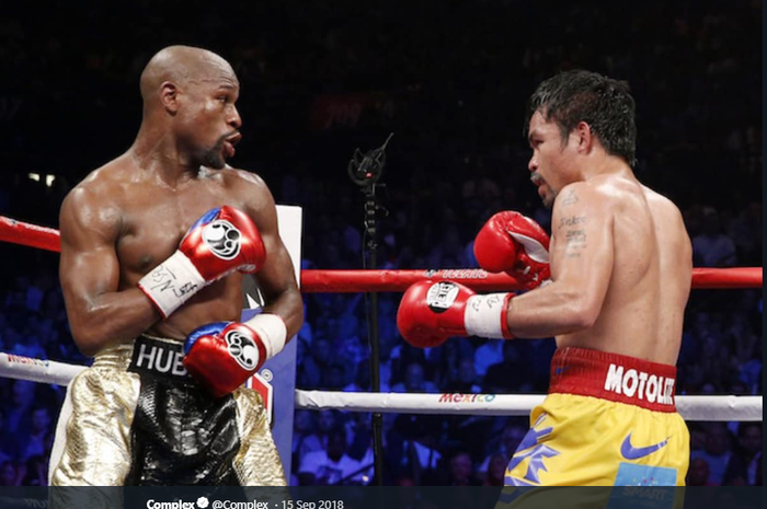 Dua legenda tinju, Floyd Mayweather dan Manny Pacquiao kala adu jotos di MGM Grand Garden, Las Vegas, Nevada, AS, pada 2 Mei 2015.