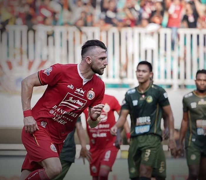 Striker Persija Jakarta, Marko Simic, saat tampil menghadapi Tira-Persikabo pada pekan kesembilan Liga 1 2019.