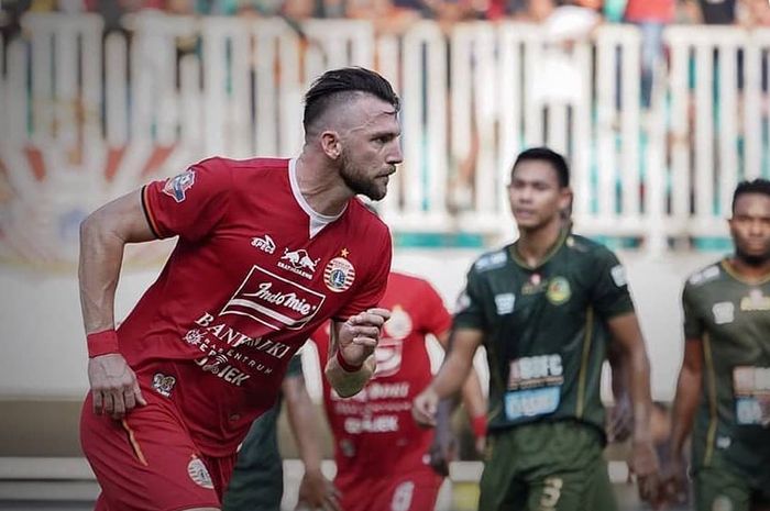 Striker Persija Jakarta, Marko Simic, saat tampil menghadapi Tira-Persikabo pada pekan kesembilan Liga 1 2019.