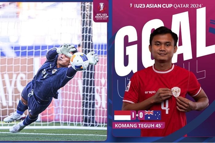 Kiper Ernando Ari menyelamatkan gawang Timnas U-23 Indonesia dari tendangan penalti pemain Australia akibat handball Komang Teguh dalam Piala Asia U-23 2024 di Qatar, Kamis (18/4/2024). Komang menebusnya dengan gol.