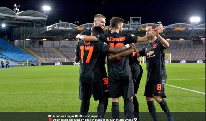 Striker Manchester United, Odion Ighalo, merayakan gol yang dicetak ke gawang LASK Linz dalam laga leg pertama babak 16 besar Liga Europa di Stadion Linzer, Kamis (12/3/2020).