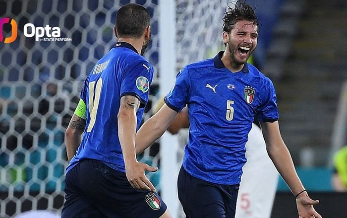 Gelandang timnas Italia, Manuel Locatelli, merayakan gol ke gawang timnas Swiss dalam laga Grup A EURO 2020 di Stadion Olimpico, Rabu (16/6/2021).