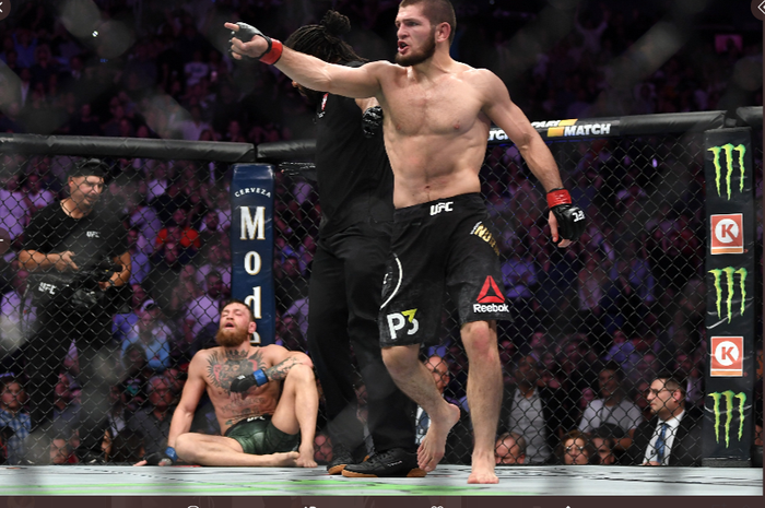 Khabib Nurmagomedov (berdiri) berhasil memenangkan pertarungan melawan Conor McGregor pada ajang UFC 229 di Las Vegas, Amerika Serikat, 6 Oktober 2018.