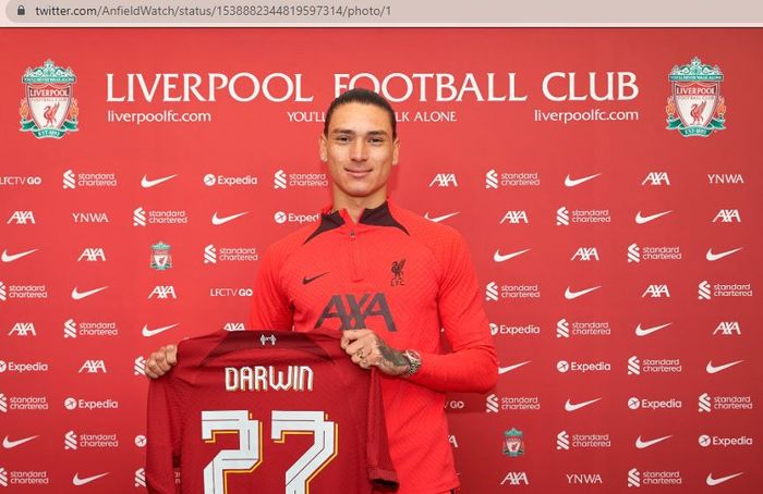 Penyerang anyar Liverpool, Darwin Nunez, akan mengenakan jersei nomor 27.