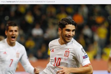 Gelandang timnas Spanyol, Carlos Soler, merayakan gol ke gawang timnas Swedia dalam laga Grup B Kualifikasi Piala Dunia 2022 Zona Eropa di Stadion Friends Arena, Kamis (2/9/2021).