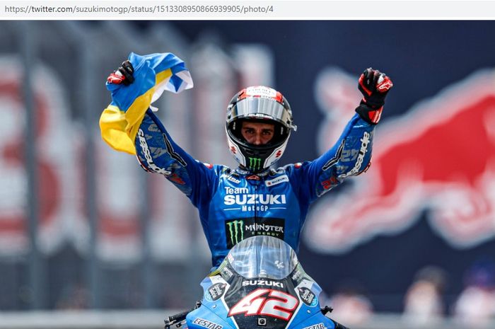Pembalap Suzuki Ecstar, Alex Rins, ketika mengaspal pada MotoGP Amerika 2022 di Circuit of the Americas, Texas, Minggu (10/4/2022).