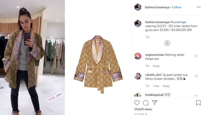 Luna Maya pakai jaket yang sama dengan Nagita Slavina dari brand Gucci, Rp.83.000.000.