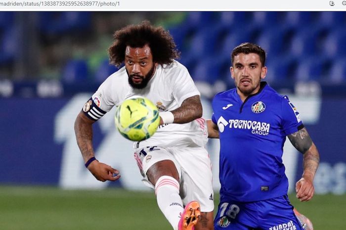 Bek Real Madrid, Marcelo, beraksi dalam laga pekan ke-33 Liga Spanyol 2020-2021 melawan Getafe, Minggu (18/4/2021).