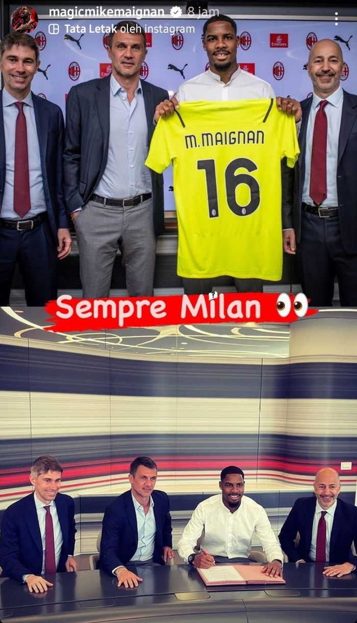 Tangkap layar story Instagram Mike Maignan soal pemecatan Paolo Maldini dan Ricky Massara oleh AC Milan.