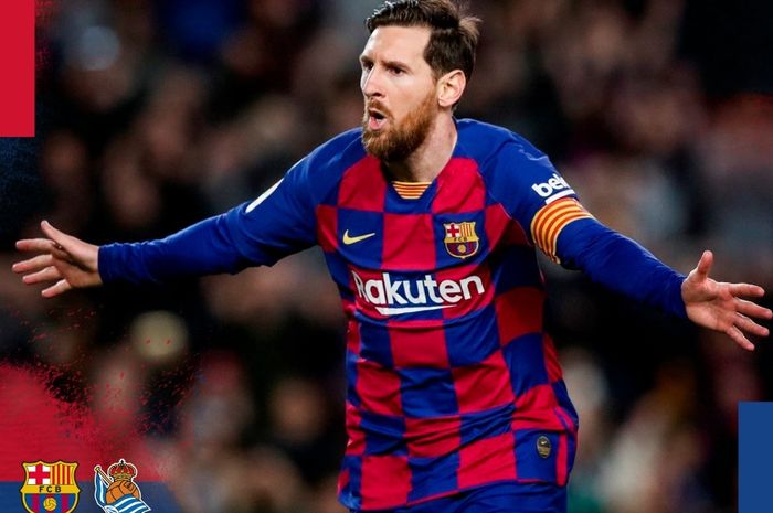 Selebrasi megabintang Barcelona, Lionel Messi, dalam laga Liga Spanyol kontra Real Sociedad di Camp Nou, Sabtu (7/3/2020).