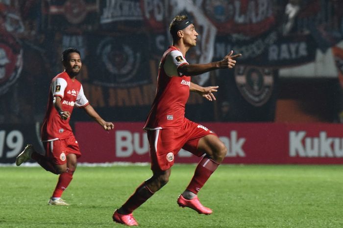 Selebrasi Bruno Matos pada laga Persija Jakarta kontra PSS Sleman di Stadion Maguwoharjo, Sleman, Jumat (15/3/2019).