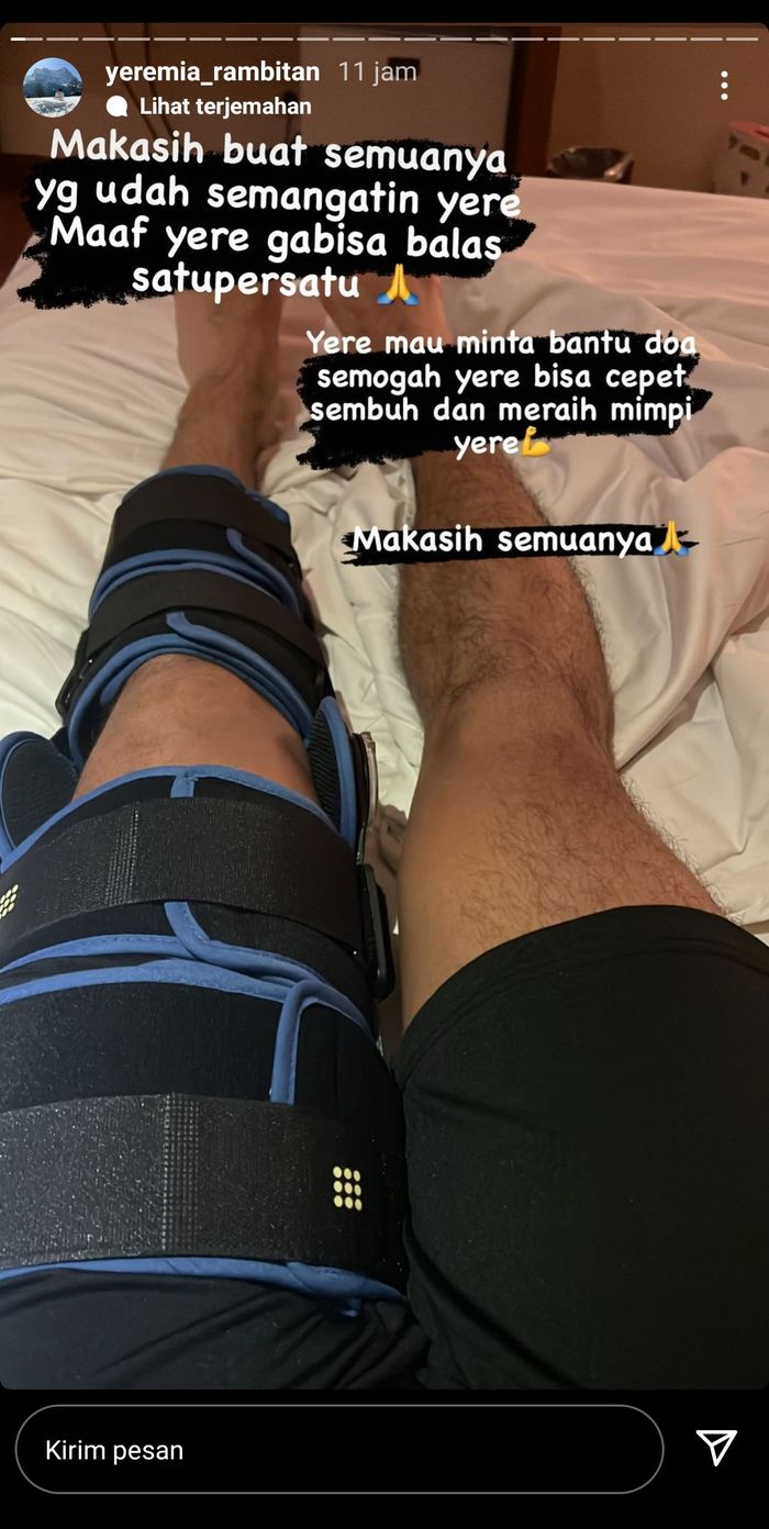Unggahan Yeremia Erich Yoche Yacob Rambitan usai menderita cedera di perempat final Indonesia Open 2022.
