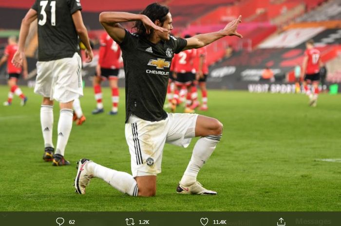 Edinson Cavani merayakan golnya untuk Manchester United ke gawang Southampton dalam laga Liga Inggris, 29 November 2020.