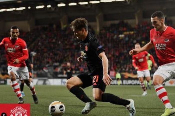 Winger Manchester United, Daniel James, beraksi dalam laga Grup L Liga Europa melawan AZ Alkmaar di ADO Den Haag Stadium, Kamis (3/10/2019).