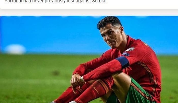 Ekspresi megabintang timnas Portugal, Cristiano Ronaldo, dalam laga Grup A Kualifikasi Piala Dunia 2022 Zona Eropa kontra timnas Serbia di Stadion do SL Benfica, Minggu (14/11/2021).