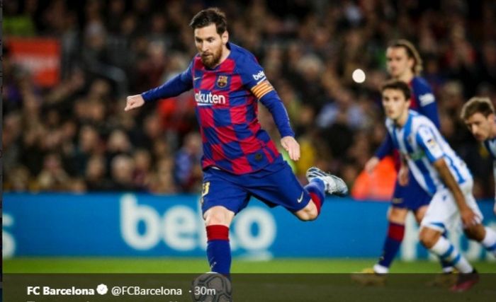 Aksi megabintang Barcelona, Lionel Messi, dalam laga kontra Real Sociedad di Camp Nou, Sabtu (7/3/2020).