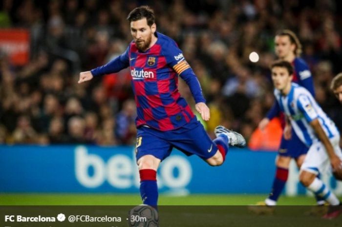 Aksi megabintang Barcelona, Lionel Messi, dalam laga kontra Real Sociedad di Camp Nou, Sabtu (7/3/2020).