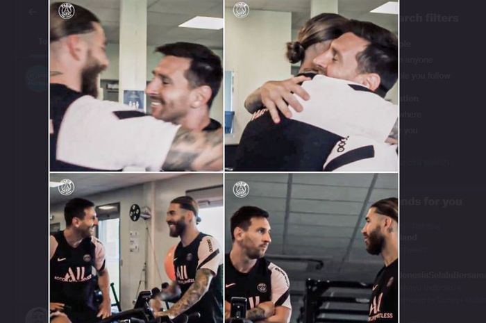 Lionel Messi berpelukan dengan Sergio Ramos dalam kunjungan pertama ke pusat latihan Paris Saint-Germain (PSG).