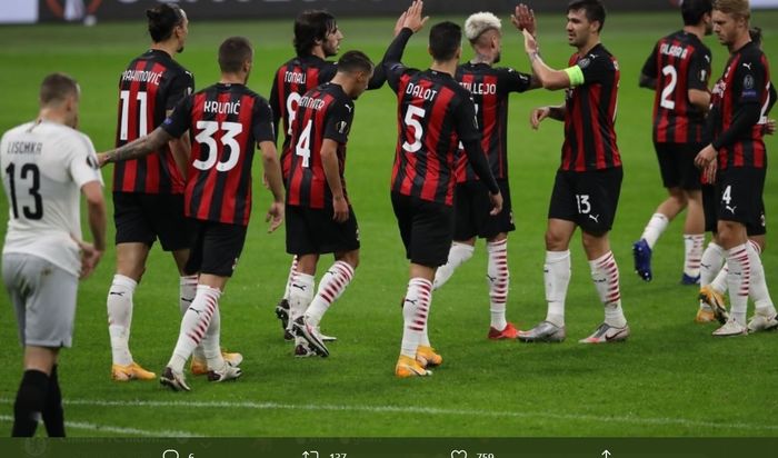 Para pemain AC Milan merayakan gol kemenangan ke gawang Sparta Prague pada laga Liga Europa, Kamis (29/10/2020) atau Jumat dini hari WIB.