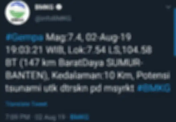 Gempa Jakarta Hari Ini, BMKG: Magnitudo 7,4, Lokasi di Sumur-Banten, Berpotensi Tsunami