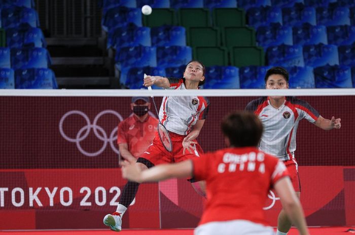 Pasangan ganda putri Indonesia, Greysia Polii/Apriyani Rahayu, berlaga pada final Olimpiade Tokyo 2020 di Musashino Forest Plaza, Senin (2/8/2021).