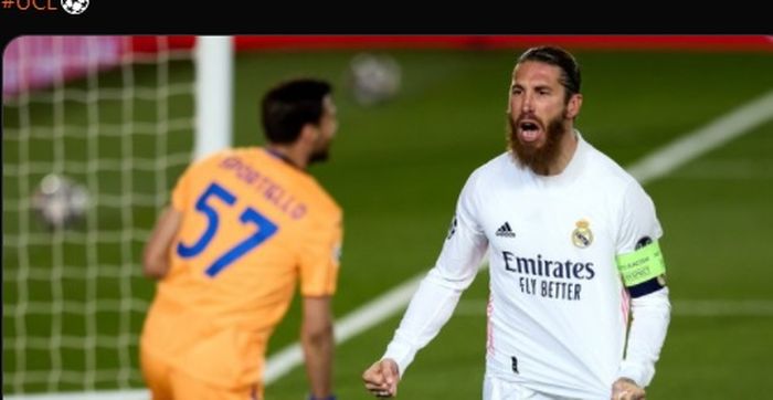 Sergio Ramos turut menyumbang satu gol dalam kemenangan 3-1 Real Madrid atas Atalanta pada laga leg kedua babak 16 besar Liga Champions 2020-2021.