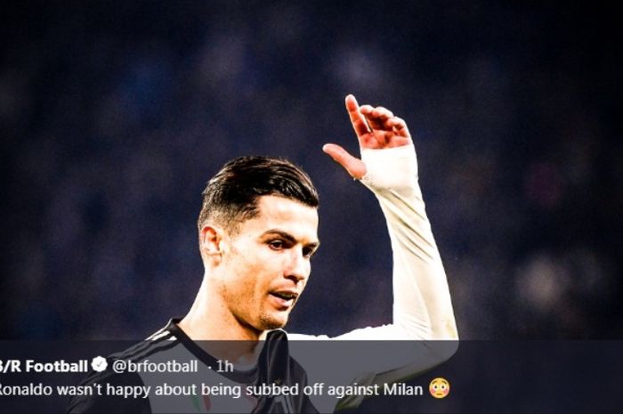 Ekspresi megabintang Juventus, Cristiano Ronaldo, dalam laga kontra AC Milan di Allianz Stadium, Minggu (10/11/2019).