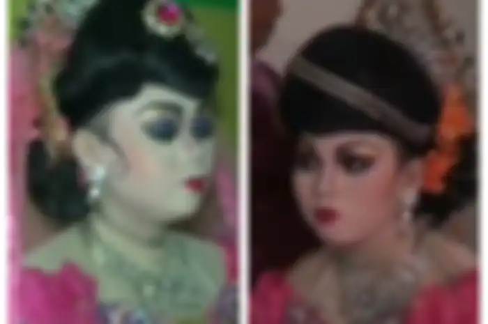 Sepertinya, riasan tebal dengan model smokey eyes, serta sanggul di dahi merupakan ciri khas perias tersebut. 