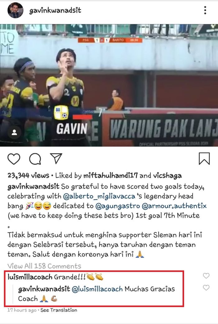 Luis Milla mengucapkan selamat kepada Gavin Kwan pada Sabtu (27/7/2019).