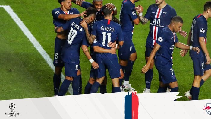 Selebarasi pemain Paris Saint-Germain usai menang atas RB Leipzig laga semifinal Liga Champions di Estadio da Luz, Portugal, Selasa (18/8/2020) atau Rabu dini hari WIB. 